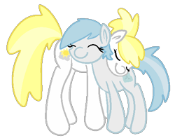 Size: 500x393 | Tagged: safe, artist:robynne, character:cotton cloudy, cottondove, cottonlove, dainty dove, dane tee dove, female, happy, hug, lesbian, love, shipping, smiling, smirk