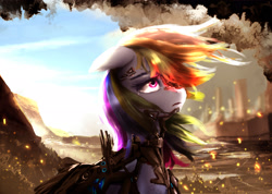 Size: 2991x2132 | Tagged: safe, artist:aidelank, character:rainbow dash, species:pony, cyborg, female, mare, multicolored hair, sad, solo