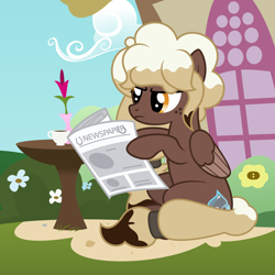 Size: 3000x3000 | Tagged: safe, artist:besttubahorse, oc, oc only, oc:sweet mocha, species:pegasus, species:pony, .svg available, bush, coffee cup, cup, female, flower, freckles, high res, hoof hold, newspaper, reading, sitting, solo, svg, table, vase, vector