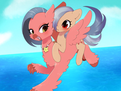 Size: 1024x768 | Tagged: safe, artist:ayahana, oc, oc only, oc:tuna mayonnaise, species:classical hippogriff, species:earth pony, species:hippogriff, species:pony, cloud, duo, duo female, feathered fetlocks, female, flying, jewelry, looking at you, mare, necklace, ocean, ponies riding hippogriffs, riding, sky, spread wings, wings
