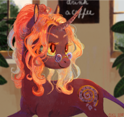 Size: 600x567 | Tagged: safe, artist:wolfiedrawie, oc, oc only, oc:wormhole, species:classical unicorn, species:pony, species:unicorn, art trade, cloven hooves, female, glasses, indoors, leonine tail, mare, plant, smiling, solo