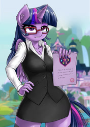 Size: 1000x1414 | Tagged: safe, artist:iloota, character:twilight sparkle, character:twilight sparkle (alicorn), species:alicorn, species:anthro, species:pony, episode:school daze, g4, my little pony: friendship is magic, clothing, cloud, female, glasses, hand on hip, hips, horn, lip bite, mare, mountain, school of friendship, side slit, skirt, skirt suit, sky, solo, stockings, suit, thigh highs, vest, waterfall, wings, zettai ryouiki