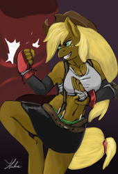 Size: 680x1000 | Tagged: safe, artist:xenstroke, character:applejack, species:anthro, breasts, clothing, cosplay, costume, crossover, fighting stance, final fantasy, final fantasy vii, tifa lockhart
