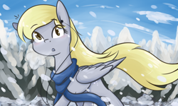 Size: 1280x768 | Tagged: safe, alternate version, artist:lilliesinthegarden, character:derpy hooves, species:pegasus, species:pony, :o, clothing, earbuds, female, looking at you, mare, open mouth, scarf, snow, snowfall, solo, tree, winter