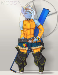 Size: 1920x2480 | Tagged: safe, artist:mopyr, oc, oc only, oc:moosin, species:anthro, clothing, collar, gun, jeans, leggings, outfit, pants, rifle, sniper rifle, socks, solo, stockings, thigh highs, tight clothing, weapon, wide hips