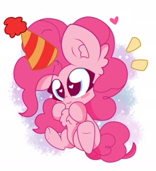 Size: 1878x2048 | Tagged: safe, artist:kittyrosie, character:pinkie pie, species:earth pony, species:pony, blush sticker, blushing, chest fluff, chibi, clothing, cute, diapinkes, ear fluff, female, hat, heart eyes, looking at you, mare, party hat, simple background, solo, white background, wingding eyes