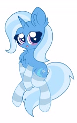 Size: 2549x4096 | Tagged: safe, artist:kittyrosie, character:trixie, species:pony, species:unicorn, blush sticker, blushing, chest fluff, chibi, clothing, ear fluff, female, heart eyes, looking at you, mare, open mouth, simple background, socks, solo, striped socks, white background, wingding eyes