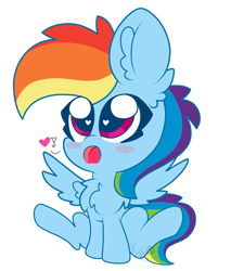 Size: 1743x2048 | Tagged: safe, artist:kittyrosie, character:rainbow dash, species:pegasus, species:pony, blush sticker, blushing, bunny sitting, chest fluff, chibi, cute, dashabetes, ear fluff, female, heart, heart eyes, looking at you, mare, open mouth, simple background, solo, white background, wingding eyes