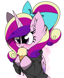Size: 1685x2048 | Tagged: safe, artist:kittyrosie, character:princess cadance, species:alicorn, species:pony, blushing, bow, chibi, clothing, ear fluff, female, food, hoodie, ice cream, ice cream cone, licking, looking at you, mare, sweater, tongue out
