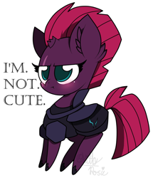 Size: 1758x2048 | Tagged: safe, artist:kittyrosie, character:tempest shadow, species:pony, species:unicorn, my little pony: the movie (2017), armor, blatant lies, blushing, broken horn, chibi, cute, ear fluff, eye scar, female, i'm not cute, looking at you, mare, punctuated for emphasis, scar, simple background, tempestbetes, tsundere, tsundere shadow, white background