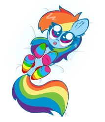 Size: 1757x2048 | Tagged: safe, artist:kittyrosie, character:rainbow dash, species:pegasus, species:pony, blush sticker, blushing, chibi, clothing, cute, dashabetes, ear fluff, female, heart eyes, looking at you, mare, on back, open mouth, rainbow socks, simple background, socks, striped socks, white background, wingding eyes