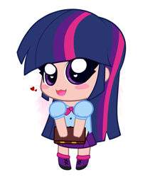 Size: 1727x2048 | Tagged: safe, artist:kittyrosie, character:twilight sparkle, character:twilight sparkle (alicorn), species:alicorn, species:pony, my little pony:equestria girls, :3, blush sticker, blushing, book, bow tie, chibi, clothing, cute, heart, heart eyes, human coloration, leg warmers, looking at you, open mouth, shirt, shoes, simple background, skirt, twiabetes, white background, wingding eyes