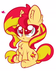 Size: 1614x2048 | Tagged: safe, artist:kittyrosie, character:sunset shimmer, species:pony, species:unicorn, :<, blush sticker, blushing, chest fluff, chibi, cute, ear fluff, female, heart, heart eyes, looking at you, mare, shimmerbetes, simple background, sitting, solo, white background, wingding eyes