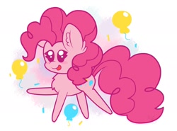 Size: 2132x1576 | Tagged: safe, artist:kittyrosie, character:pinkie pie, species:earth pony, species:pony, balloon, blush sticker, blushing, chest fluff, chibi, ear fluff, female, mare, simple background, solo, tongue out, white background