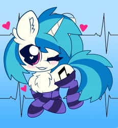 Size: 3000x3248 | Tagged: safe, artist:kittyrosie, character:dj pon-3, character:vinyl scratch, species:pony, species:unicorn, blush sticker, blushing, chest fluff, chibi, clothing, ear fluff, electrocardiogram, female, grin, heart, heart eyes, mare, one eye closed, smiling, socks, solo, striped socks, wingding eyes, wink