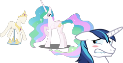 Size: 3932x2011 | Tagged: safe, artist:byteslice, artist:firestorm-can, artist:sketchmcreations, artist:spacekingofspace, edit, editor:slayerbvc, character:princess celestia, character:shining armor, species:alicorn, species:pony, species:unicorn, accessory-less edit, barehoof, blushing, crown, embarrassed, female, horseshoes, jewelry, lip bite, looking back, male, mare, peytral, ponyquin, regalia, simple background, stallion, transparent background, we don't normally wear clothes