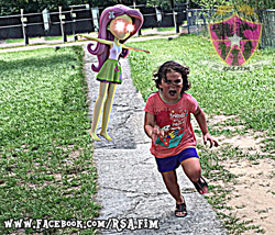 Size: 640x549 | Tagged: safe, artist:rsa.fim, character:fluttershy, my little pony:equestria girls, 3d, chromatic aberration, dank memes, deep fried meme, distorted, floating, glowing eyes, glowing eyes meme, irl, lens flare, meme, not salmon, open arms, photo, running, scared, shitposting, t pose, unitárium, wat
