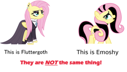 Size: 1920x1080 | Tagged: safe, artist:blueskysilversong, artist:sonofaskywalker, character:fluttershy, episode:fake it 'til you make it, alternate hairstyle, clothing, comparison, comparison chart, dress, ear piercing, emo, emoshy, eyeshadow, fluttergoth, goth, makeup, piercing, text, truth