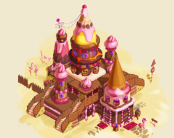 Size: 1023x813 | Tagged: safe, artist:sunset tide, character:pinkie pie, species:earth pony, species:pony, building, candy, castle, dessert, female, food, isometric, mare, pastry, solo