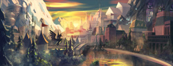Size: 1024x393 | Tagged: dead source, safe, artist:sunset tide, species:alicorn, species:pony, bridge, castle, city, cityscape, flag, mountain, no pony, obtrusive watermark, plinth, river, scenery, scenery porn, smokey mountains, stained glass, statue, tall tale, watermark