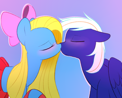 Size: 1600x1280 | Tagged: safe, artist:acersiii, oc, oc only, oc:cuteamena, oc:electric blue, species:earth pony, species:pegasus, species:pony, blushing, bow, clothing, couple, cute, electricute, eyes closed, female, hair bow, kissing, male, mare, oc x oc, pleated skirt, romantic, shipping, skirt, socks, stallion, straight
