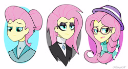 Size: 4048x2208 | Tagged: safe, artist:xan-gelx, character:fluttershy, episode:fake it 'til you make it, my little pony:equestria girls, clothing, equestria girls interpretation, female, fluttergoth, glasses, hair bun, hat, high res, hipstershy, looking at you, makeup, multeity, open mouth, piercing, scene interpretation, severeshy, tongue out, trio