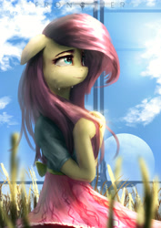 Size: 2480x3508 | Tagged: safe, artist:aidelank, character:fluttershy, species:anthro, species:pony, arm hooves, beaut, beautiful, bipedal, bridge, clothing, dress, female, floppy ears, grass field, hooves together, looking away, looking up, mare, scenery, sky, smiling, solo, teary eyes, three quarter view