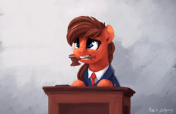 Size: 2305x1492 | Tagged: safe, artist:lollipony, artist:thefloatingtree, oc, oc only, species:pony, abstract background, clothing, collaboration, courtroom, female, gavel, judge, mare, mouth hold, necktie, scared, solo, suit