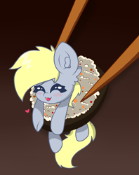 Size: 1621x2048 | Tagged: safe, artist:kittyrosie, character:derpy hooves, species:pegasus, species:pony, blush sticker, blushing, eyes closed, female, food, heart, mare, micro, ponies in food, simple background, solo, sushi, sushi pony, this will end in vore