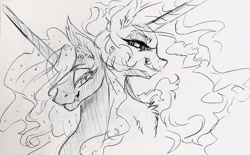 Size: 1280x795 | Tagged: safe, artist:candasaurus, character:daybreaker, character:nightmare moon, character:princess celestia, character:princess luna, species:alicorn, species:pony, black and white, duo, female, grayscale, horn, ink drawing, looking at you, mare, monochrome, simple background, traditional art, white background