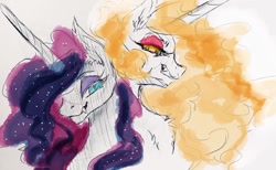 Size: 1280x787 | Tagged: safe, artist:candasaurus, character:daybreaker, character:nightmare moon, character:princess celestia, character:princess luna, species:pony, duo, ethereal mane, fangs, female, galaxy mane, horn, looking at you, mare, partial color