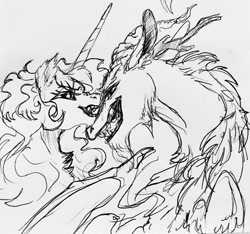Size: 1280x1200 | Tagged: safe, artist:candasaurus, character:daybreaker, character:discord, character:princess celestia, species:draconequus, species:pony, disbreaker, female, male, monochrome, shipping, sketch, straight