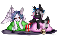 Size: 1023x619 | Tagged: safe, artist:emily-826, artist:ohflaming-rainbow, oc, oc only, oc:flaming rainbow, oc:shylu, species:alicorn, species:pegasus, species:pony, coca-cola, coffee, female, food, mare, pillow, popcorn, simple background, transparent background