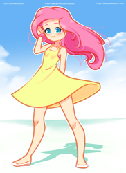 Size: 1152x1584 | Tagged: safe, artist:drantyno, character:fluttershy, species:human, breasts, clothing, cloud, colored pupils, cute, delicious flat chest, dress, female, flattershy, humanized, shyabetes, smiling, solo, wind, yellow dress