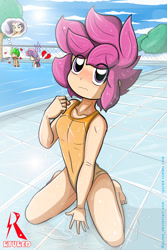 Size: 1000x1500 | Tagged: safe, artist:ryured, character:rarity, character:scootaloo, character:spike, character:sweetie belle, species:human, species:pegasus, species:pony, clothing, heartbreak, human spike, humanized, one-piece swimsuit, swimming pool, swimsuit, thought bubble, wet