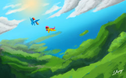 Size: 1200x750 | Tagged: safe, artist:lollipony, character:fluttershy, character:rainbow dash, species:pegasus, species:pony, cloud, duo, duo female, female, flying, mare, scenery, sky, spread wings, sun, tree, vertigo, wings