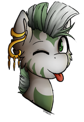 Size: 501x733 | Tagged: safe, artist:deraniel, oc, oc only, oc:begoas, species:zebra, bust, green eyes, jewelry, mlem, one eye closed, portrait, silly, simple background, smiling, solo, tongue out, transparent background, zebra oc