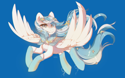 Size: 2558x1596 | Tagged: safe, artist:dagmell, oc, oc only, oc:starline, species:pegasus, species:pony, blue background, chest fluff, clothing, female, flying, frilly socks, looking at you, mare, multicolored hair, see-through, signature, simple background, smiling, socks, solo, spread wings, windswept mane, windswept tail, wings