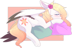 Size: 2512x1681 | Tagged: safe, artist:emily-826, oc, oc only, oc:ember (cinnamontee), species:pegasus, species:pony, female, mare, pillow, prone, simple background, solo, transparent background, two toned wings, underhoof, ych result