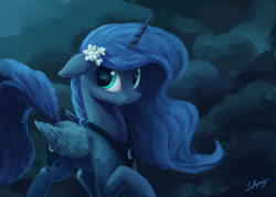 Size: 1400x1000 | Tagged: safe, artist:lollipony, character:princess luna, species:alicorn, species:pony, g4, blushing, cloud, cute, female, floppy ears, flower, flower in hair, horn, jewelry, looking at you, lunabetes, mare, necklace, night, peytral, signature, solo, three quarter view, wings
