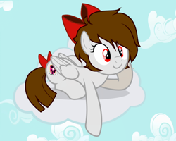 Size: 1500x1200 | Tagged: safe, artist:rsa.fim, oc, oc only, oc:whisper hope, species:pegasus, species:pony, alternate hairstyle, cloud, female, mare, on a cloud, red eyes, ribbon, simple background, smiling, solo, tail wrap, unitárium