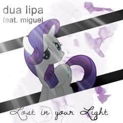 Size: 800x800 | Tagged: safe, artist:penguinsn1fan, artist:rubez2525, character:rarity, species:pony, cover, dua lipa, female, lost in your light, parody, scrunchy face, solo