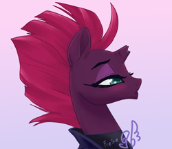 Size: 1272x1100 | Tagged: safe, artist:candasaurus, character:tempest shadow, species:pony, species:unicorn, my little pony: the movie (2017), beautiful, broken horn, bust, cute, female, gradient background, mare, portrait, profile, signature, solo, tempestbetes