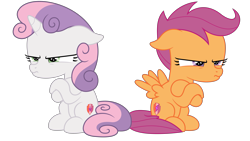 Size: 5333x3000 | Tagged: safe, artist:besttubahorse, character:scootaloo, character:sweetie belle, species:pegasus, species:pony, species:unicorn, episode:surf and/or turf, g4, my little pony: friendship is magic, .svg available, crossed hooves, cute, cutealoo, diasweetes, duo, duo female, female, filly, grumpaloo, grumpy, grumpy belle, madorable, simple background, sitting, svg, transparent background, vector