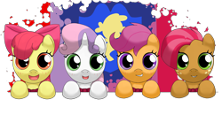 Size: 2000x1040 | Tagged: safe, artist:hoyeechun, character:apple bloom, character:babs seed, character:scootaloo, character:sweetie belle, species:earth pony, species:pegasus, species:pony, species:unicorn, cute, cutie mark crusaders, female, filly, hooves on the table, looking at you, open mouth