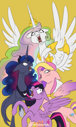 Size: 1500x2500 | Tagged: safe, artist:candasaurus, character:princess cadance, character:princess celestia, character:princess luna, character:twilight sparkle, character:twilight sparkle (alicorn), species:alicorn, species:pony, alicorn tetrarchy, banana, bananalestia, faec, female, food, hoers, horses doing horse things, majestic as fuck, mare, open mouth, rearing, simple background, wat, yellow background