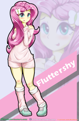 Size: 1000x1536 | Tagged: safe, artist:iloota, character:fluttershy, my little pony:equestria girls, clothing, cute, female, flutteryshy, leg warmers, looking at you, off shoulder, off shoulder sweater, shoes, shyabetes, smiling, sneakers, solo, sweater, sweatershy, zoom layer