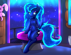 Size: 2200x1695 | Tagged: safe, artist:canister, character:princess luna, species:alicorn, species:pony, species:rabbit, :3, balcony, bedroom, bedroom eyes, belly button, dresser, ethereal mane, explicit source, female, frog (hoof), galaxy mane, messy mane, mirror, night, night sky, plushie, seat, semi-anthro, sitting, sky, solo, stars, underhoof