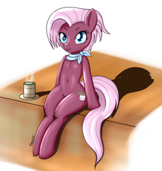 Size: 1500x1580 | Tagged: safe, artist:canister, character:jasmine leaf, species:earth pony, species:pony, g4, belly button, clothing, cute, female, food, jasminebetes, mare, scarf, sitting, solo, tea