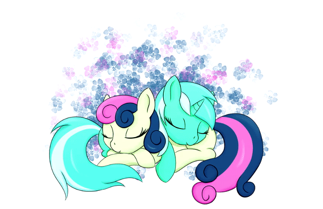 Size: 639x413 | Tagged: safe, artist:canister, character:bon bon, character:lyra heartstrings, character:sweetie drops, species:earth pony, species:pony, species:unicorn, ship:lyrabon, adorabon, animated, cuddling, cute, eyes closed, female, flower, heart, lesbian, lyrabetes, pony pile, shipping, simple background, sleeping, snuggling, white background, z